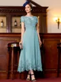 Immaculate A-Line Chiffon Applique Bateau Short Sleeves Tea-Length Mother of the Bride Dress