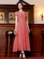 Immaculate A-Line Chiffon Applique Bateau Short Sleeves Tea-Length Mother of the Bride Dress