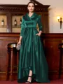 Charming A-Line Satin Ruched V-Neck Long Sleeves Asymmetrical Mother of the Bride Dress