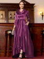 Charming A-Line Satin Ruched V-Neck Long Sleeves Asymmetrical Mother of the Bride Dress