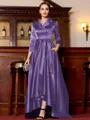 Charming A-Line Satin Ruched V-Neck Long Sleeves Asymmetrical Mother of the Bride Dress