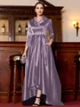 Charming A-Line Satin Ruched V-Neck Long Sleeves Asymmetrical Mother of the Bride Dress