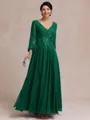 Stylish A-line V-Neck Long Sleeves Appliques Lace Ankle-Length Chiffon Mother of the Bride Dress