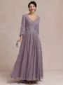 Stylish A-line V-Neck Long Sleeves Appliques Lace Ankle-Length Chiffon Mother of the Bride Dress