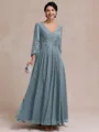 Stylish A-line V-Neck Long Sleeves Appliques Lace Ankle-Length Chiffon Mother of the Bride Dress