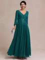 Stylish A-line V-Neck Long Sleeves Appliques Lace Ankle-Length Chiffon Mother of the Bride Dress