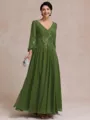 Stylish A-line V-Neck Long Sleeves Appliques Lace Ankle-Length Chiffon Mother of the Bride Dress