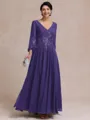 Stylish A-line V-Neck Long Sleeves Appliques Lace Ankle-Length Chiffon Mother of the Bride Dress