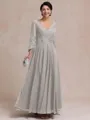Stylish A-line V-Neck Long Sleeves Appliques Lace Ankle-Length Chiffon Mother of the Bride Dress