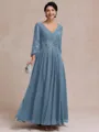 Stylish A-line V-Neck Long Sleeves Appliques Lace Ankle-Length Chiffon Mother of the Bride Dress