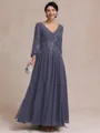 Stylish A-line V-Neck Long Sleeves Appliques Lace Ankle-Length Chiffon Mother of the Bride Dress
