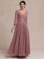 Stylish A-line V-Neck Long Sleeves Appliques Lace Ankle-Length Chiffon Mother of the Bride Dress