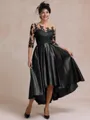 Tasteful A-line Bateau 3/4 Sleeves Appliques Lace Asymmetrical Satin Mother of the Bride Dress