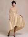 Tasteful A-line Bateau 3/4 Sleeves Appliques Lace Asymmetrical Satin Mother of the Bride Dress