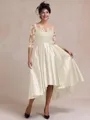 Tasteful A-line Bateau 3/4 Sleeves Appliques Lace Asymmetrical Satin Mother of the Bride Dress