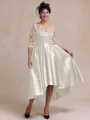 Tasteful A-line Bateau 3/4 Sleeves Appliques Lace Asymmetrical Satin Mother of the Bride Dress