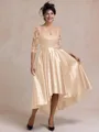 Tasteful A-line Bateau 3/4 Sleeves Appliques Lace Asymmetrical Satin Mother of the Bride Dress
