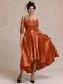 Tasteful A-line Bateau 3/4 Sleeves Appliques Lace Asymmetrical Satin Mother of the Bride Dress
