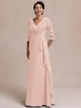 Tasteful A-line V-Neck 3/4 Sleeves Appliques Lace Floor-Length Chiffon Mother of the Bride Dress