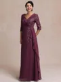Tasteful A-line V-Neck 3/4 Sleeves Appliques Lace Floor-Length Chiffon Mother of the Bride Dress