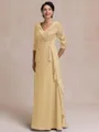 Tasteful A-line V-Neck 3/4 Sleeves Appliques Lace Floor-Length Chiffon Mother of the Bride Dress