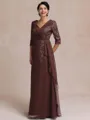 Tasteful A-line V-Neck 3/4 Sleeves Appliques Lace Floor-Length Chiffon Mother of the Bride Dress