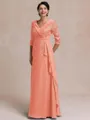 Tasteful A-line V-Neck 3/4 Sleeves Appliques Lace Floor-Length Chiffon Mother of the Bride Dress