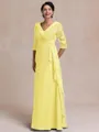 Tasteful A-line V-Neck 3/4 Sleeves Appliques Lace Floor-Length Chiffon Mother of the Bride Dress