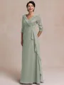 Tasteful A-line V-Neck 3/4 Sleeves Appliques Lace Floor-Length Chiffon Mother of the Bride Dress