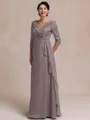 Tasteful A-line V-Neck 3/4 Sleeves Appliques Lace Floor-Length Chiffon Mother of the Bride Dress