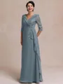 Tasteful A-line V-Neck 3/4 Sleeves Appliques Lace Floor-Length Chiffon Mother of the Bride Dress