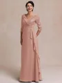 Tasteful A-line V-Neck 3/4 Sleeves Appliques Lace Floor-Length Chiffon Mother of the Bride Dress