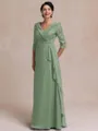 Tasteful A-line V-Neck 3/4 Sleeves Appliques Lace Floor-Length Chiffon Mother of the Bride Dress