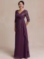 Tasteful A-line V-Neck 3/4 Sleeves Appliques Lace Floor-Length Chiffon Mother of the Bride Dress