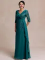 Tasteful A-line V-Neck 3/4 Sleeves Appliques Lace Floor-Length Chiffon Mother of the Bride Dress