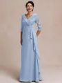 Tasteful A-line V-Neck 3/4 Sleeves Appliques Lace Floor-Length Chiffon Mother of the Bride Dress