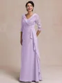 Tasteful A-line V-Neck 3/4 Sleeves Appliques Lace Floor-Length Chiffon Mother of the Bride Dress