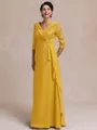 Tasteful A-line V-Neck 3/4 Sleeves Appliques Lace Floor-Length Chiffon Mother of the Bride Dress