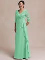Tasteful A-line V-Neck 3/4 Sleeves Appliques Lace Floor-Length Chiffon Mother of the Bride Dress