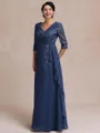Tasteful A-line V-Neck 3/4 Sleeves Appliques Lace Floor-Length Chiffon Mother of the Bride Dress