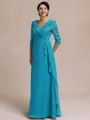 Tasteful A-line V-Neck 3/4 Sleeves Appliques Lace Floor-Length Chiffon Mother of the Bride Dress