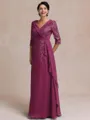 Tasteful A-line V-Neck 3/4 Sleeves Appliques Lace Floor-Length Chiffon Mother of the Bride Dress