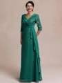 Tasteful A-line V-Neck 3/4 Sleeves Appliques Lace Floor-Length Chiffon Mother of the Bride Dress