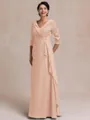 Tasteful A-line V-Neck 3/4 Sleeves Appliques Lace Floor-Length Chiffon Mother of the Bride Dress