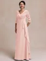 Tasteful A-line V-Neck 3/4 Sleeves Appliques Lace Floor-Length Chiffon Mother of the Bride Dress