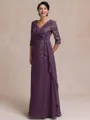 Tasteful A-line V-Neck 3/4 Sleeves Appliques Lace Floor-Length Chiffon Mother of the Bride Dress