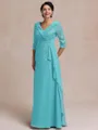 Tasteful A-line V-Neck 3/4 Sleeves Appliques Lace Floor-Length Chiffon Mother of the Bride Dress