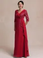 Tasteful A-line V-Neck 3/4 Sleeves Appliques Lace Floor-Length Chiffon Mother of the Bride Dress