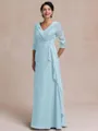 Tasteful A-line V-Neck 3/4 Sleeves Appliques Lace Floor-Length Chiffon Mother of the Bride Dress