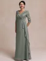 Tasteful A-line V-Neck 3/4 Sleeves Appliques Lace Floor-Length Chiffon Mother of the Bride Dress